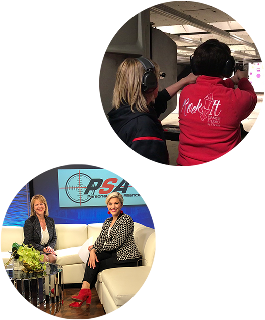 Top photo (shooting range):
"Women practicing firearm safety at indoor shooting range during personal defense training."

Bottom photo (talk show):
"Personal Safety Alliance interview on TV set discussing self-defense and empowerment strategies for women."